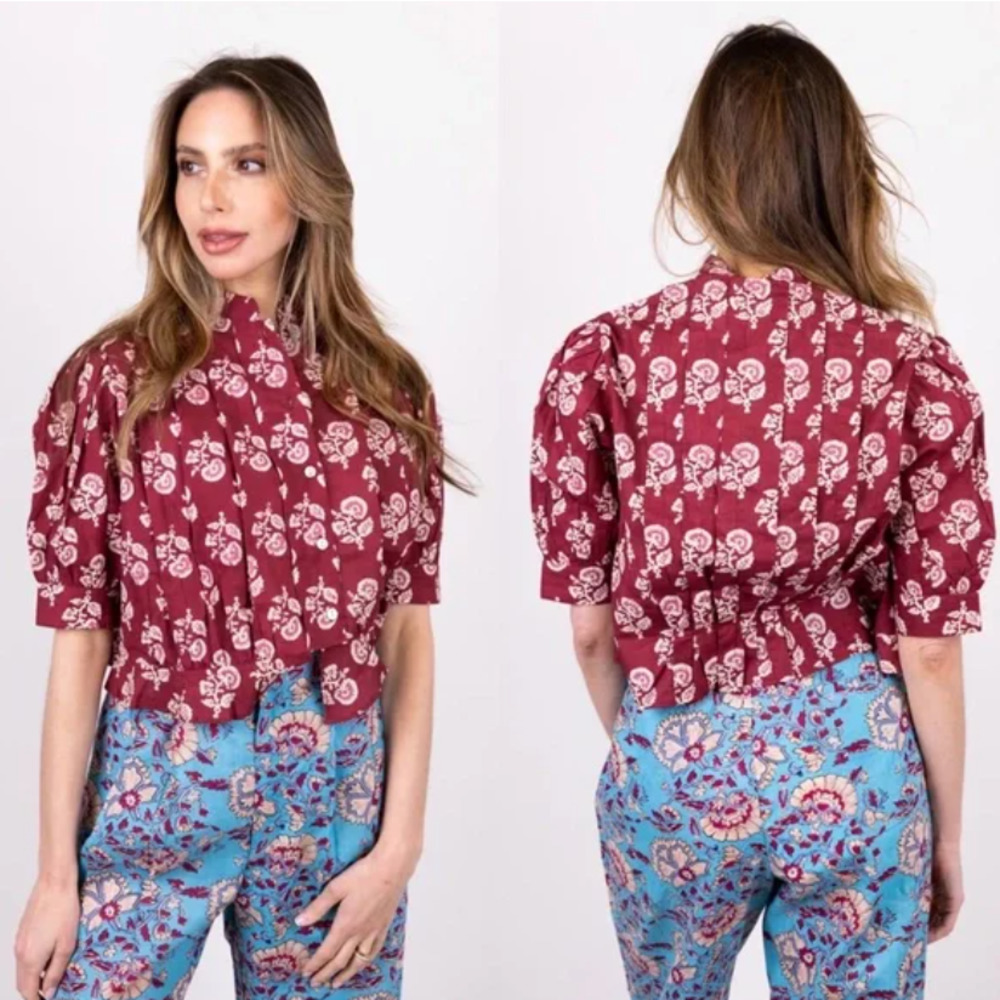 Alix of Bohemia Garnet Rhiannon Floral Button Front Pleated Blouse Red Size XS